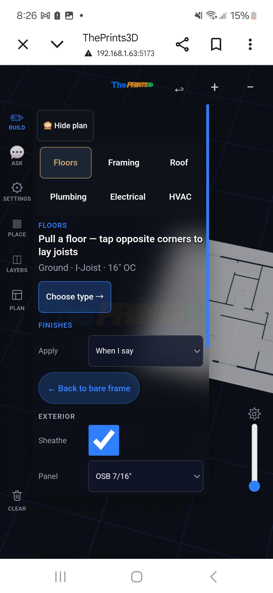 ThePrints3D build controls over a floor plan