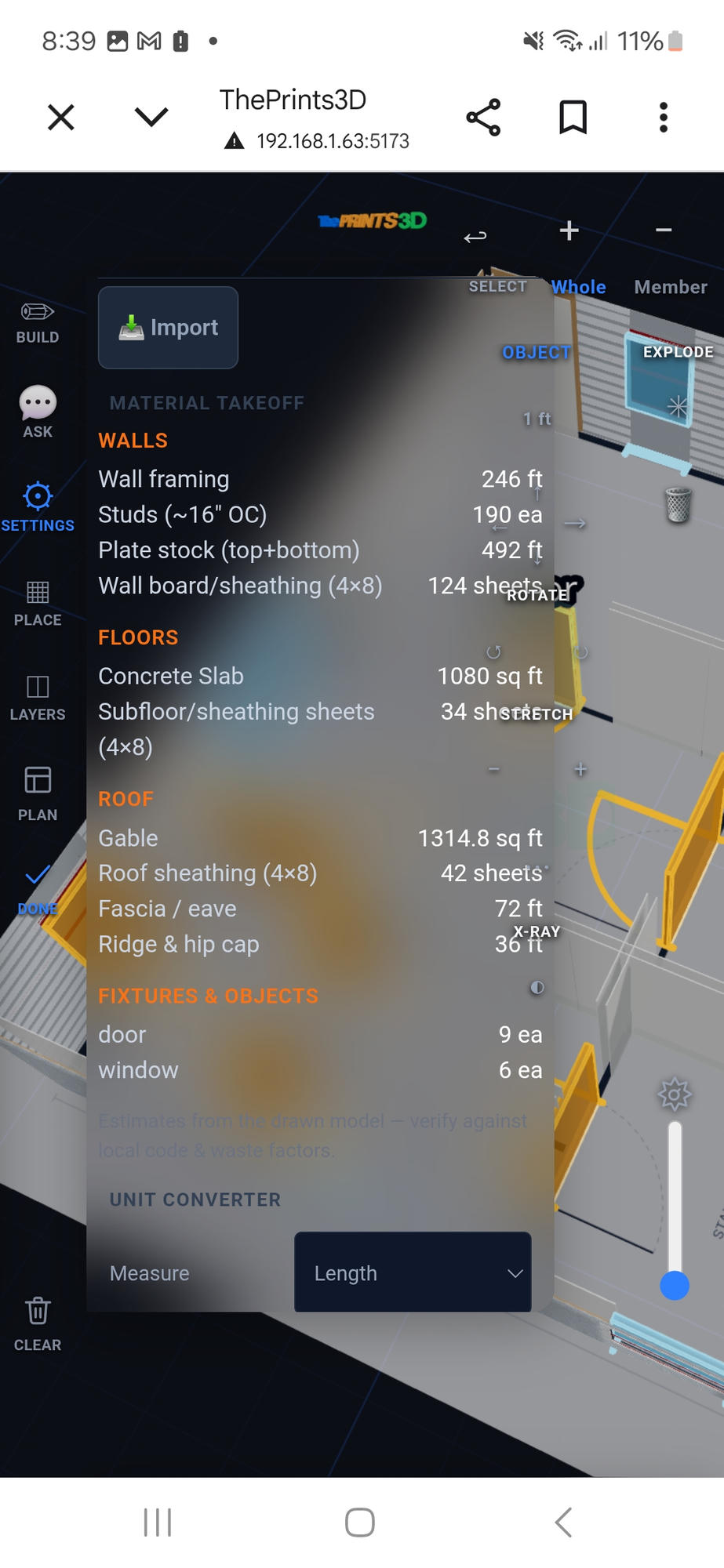 ThePrints3D layer controls over a building model